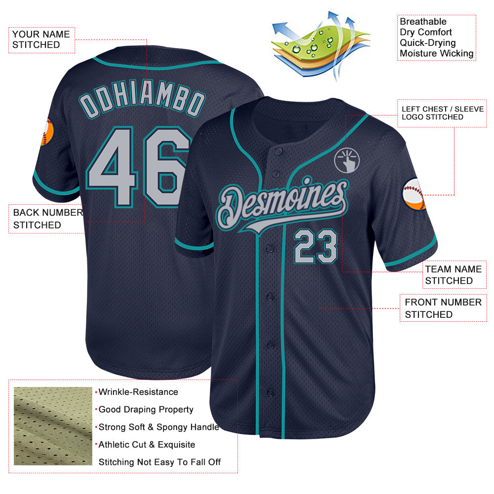 Custom Navy Gray-Teal Mesh Authentic Throwback Baseball Jersey - Sky-Custom