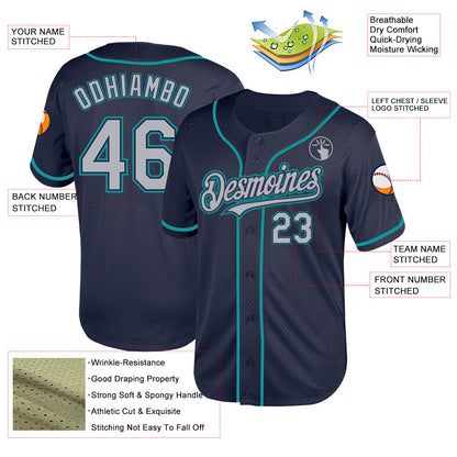 Custom Navy Gray-Teal Mesh Authentic Throwback Baseball Jersey - Sky-Custom