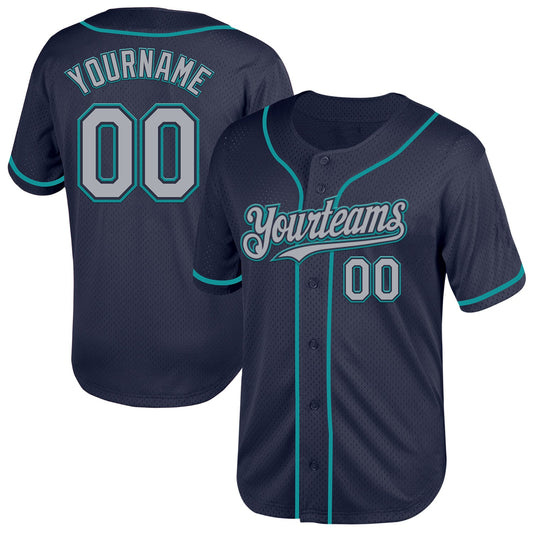 Custom Navy Gray-Teal Mesh Authentic Throwback Baseball Jersey - Sky-Custom