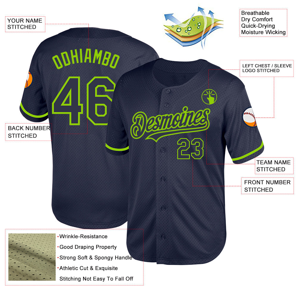 Custom Navy Neon Green Mesh Authentic Throwback Baseball Jersey - Sky-Custom