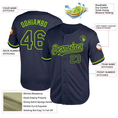 Custom Navy Neon Green Mesh Authentic Throwback Baseball Jersey - Sky-Custom