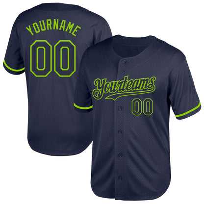Custom Navy Neon Green Mesh Authentic Throwback Baseball Jersey - Sky-Custom