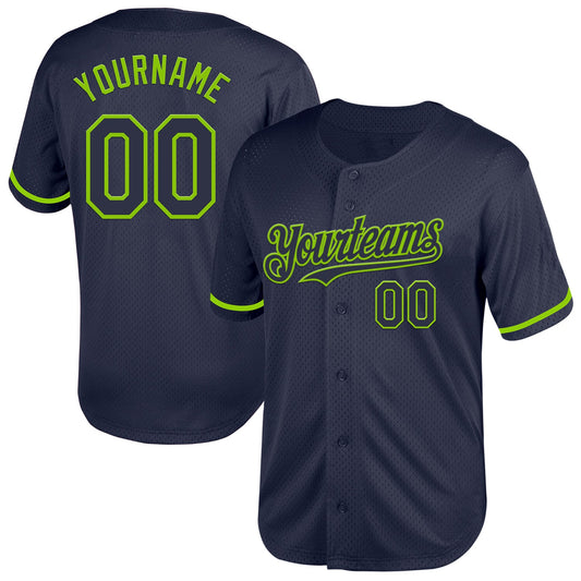 Custom Navy Neon Green Mesh Authentic Throwback Baseball Jersey - Sky-Custom