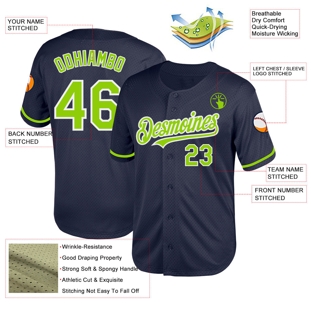 Custom Navy Neon Green-White Mesh Authentic Throwback Baseball Jersey - Sky-Custom
