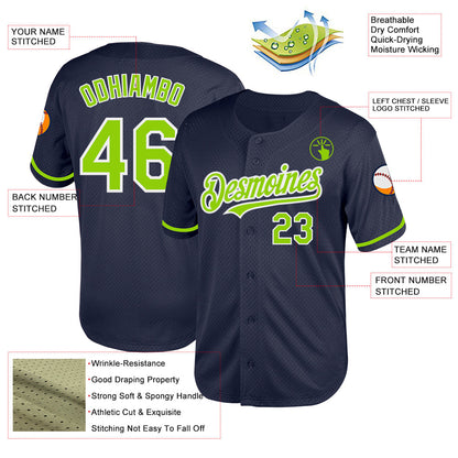 Custom Navy Neon Green-White Mesh Authentic Throwback Baseball Jersey - Sky-Custom