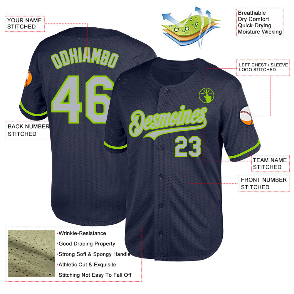 Custom Navy Gray-Neon Green Mesh Authentic Throwback Baseball Jersey - Sky-Custom