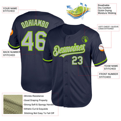 Custom Navy Gray-Neon Green Mesh Authentic Throwback Baseball Jersey - Sky-Custom