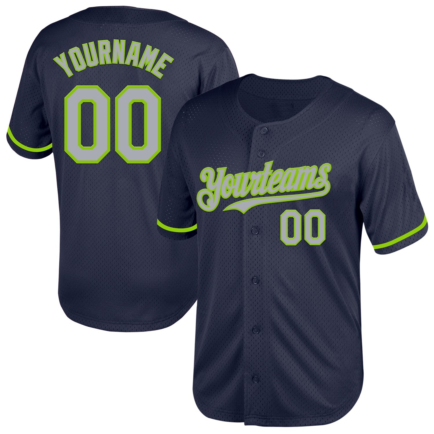 Custom Navy Gray-Neon Green Mesh Authentic Throwback Baseball Jersey - Sky-Custom