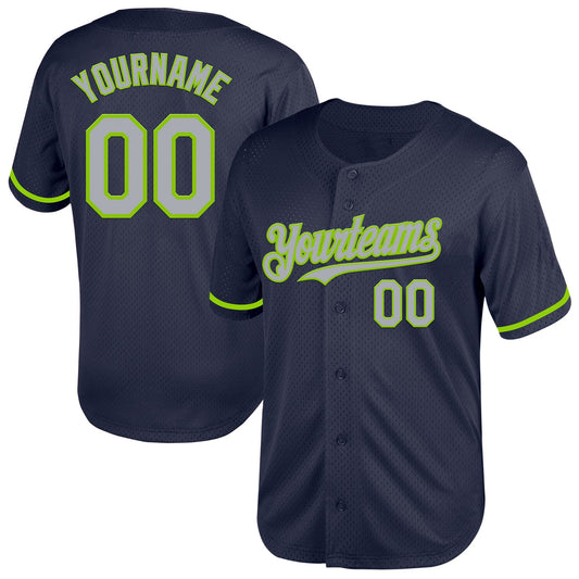 Custom Navy Gray-Neon Green Mesh Authentic Throwback Baseball Jersey - Sky-Custom