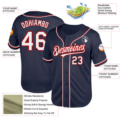Custom Navy White-Red Mesh Authentic Throwback Baseball Jersey - Sky-Custom