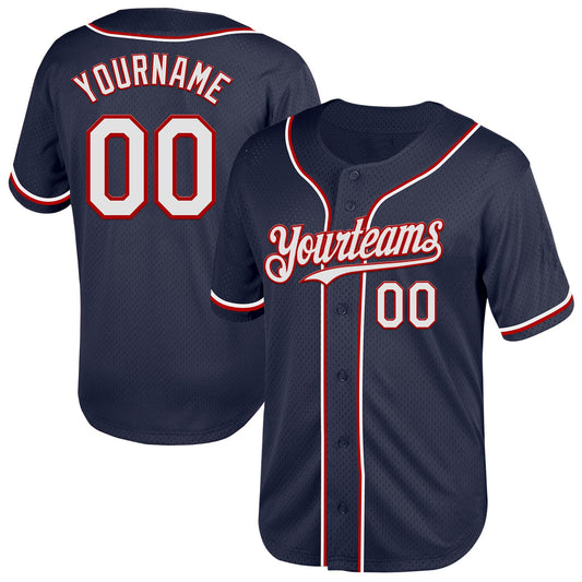 Custom Navy White-Red Mesh Authentic Throwback Baseball Jersey - Sky-Custom