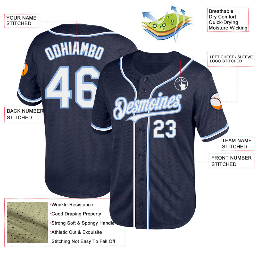 Custom Navy White-Light Blue Mesh Authentic Throwback Baseball Jersey - Sky-Custom
