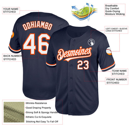 Custom Navy White-Orange Mesh Authentic Throwback Baseball Jersey - Sky-Custom