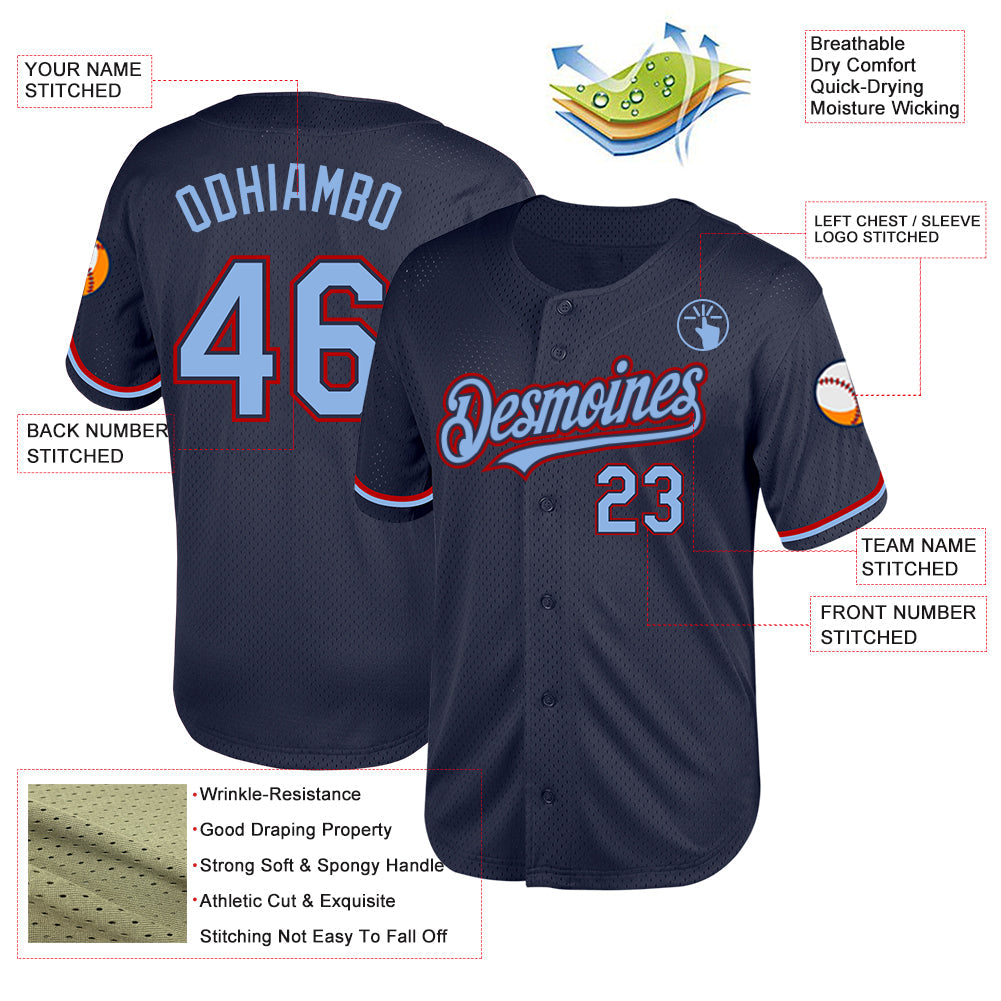 Custom Navy Light Blue-Red Mesh Authentic Throwback Baseball Jersey - Sky-Custom