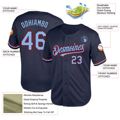 Custom Navy Light Blue-Red Mesh Authentic Throwback Baseball Jersey - Sky-Custom