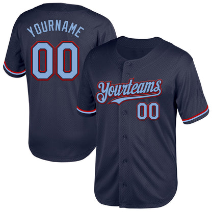 Custom Navy Light Blue-Red Mesh Authentic Throwback Baseball Jersey - Sky-Custom
