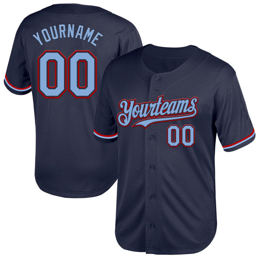 Custom Navy Light Blue-Red Mesh Authentic Throwback Baseball Jersey - Sky-Custom