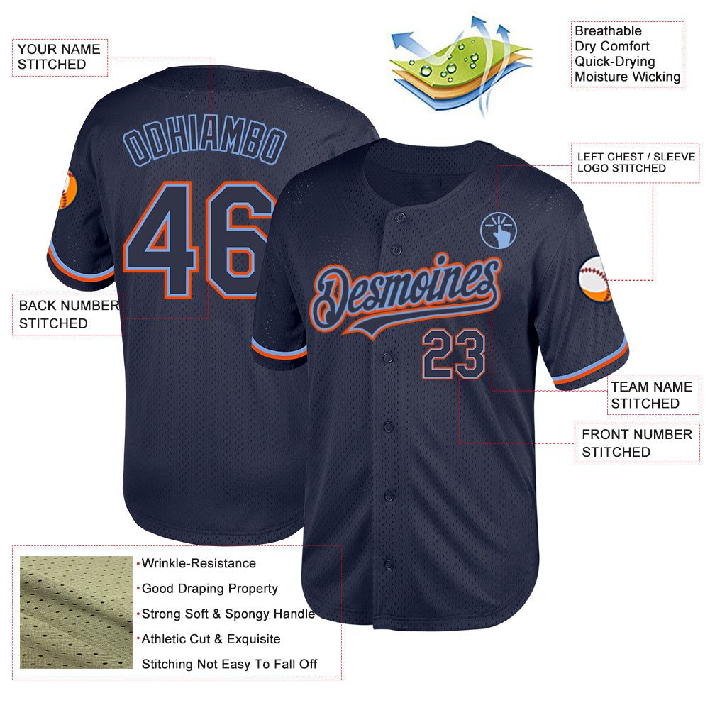 Custom Navy Powder Blue-Orange Mesh Authentic Throwback Baseball Jersey - Sky-Custom