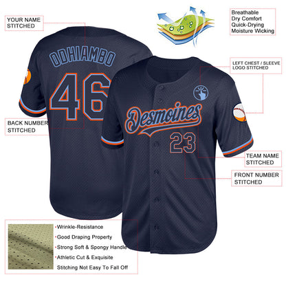 Custom Navy Powder Blue-Orange Mesh Authentic Throwback Baseball Jersey - Sky-Custom