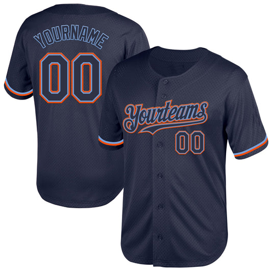 Custom Navy Powder Blue-Orange Mesh Authentic Throwback Baseball Jersey - Sky-Custom