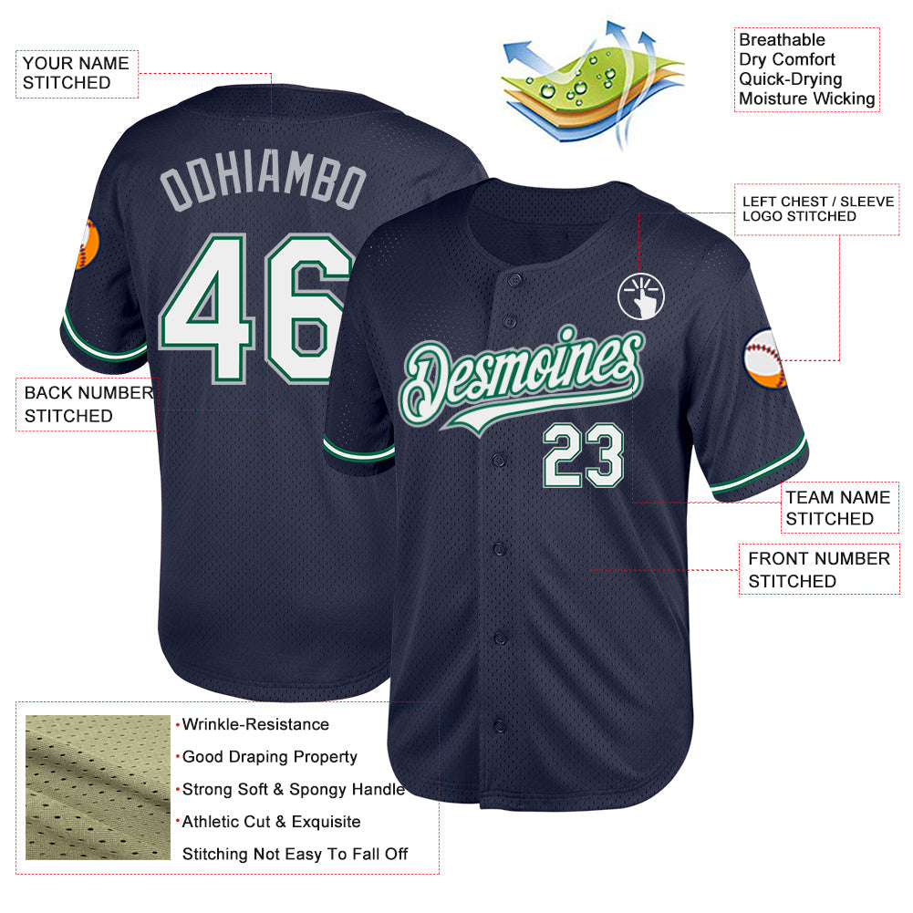 Custom Navy Kelly Green-Gray Mesh Authentic Throwback Baseball Jersey - Sky-Custom