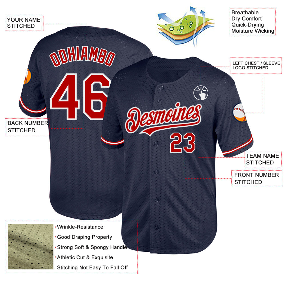 Custom Navy Red-White Mesh Authentic Throwback Baseball Jersey - Sky-Custom