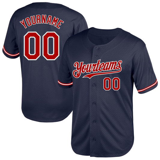 Custom Navy Red-White Mesh Authentic Throwback Baseball Jersey - Sky-Custom