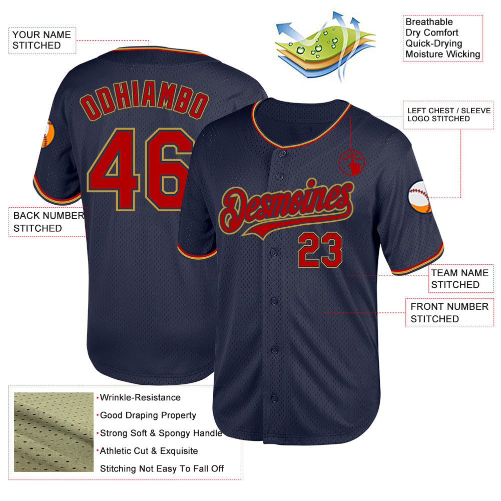 Custom Navy Red-Old Gold Mesh Authentic Throwback Baseball Jersey - Sky-Custom