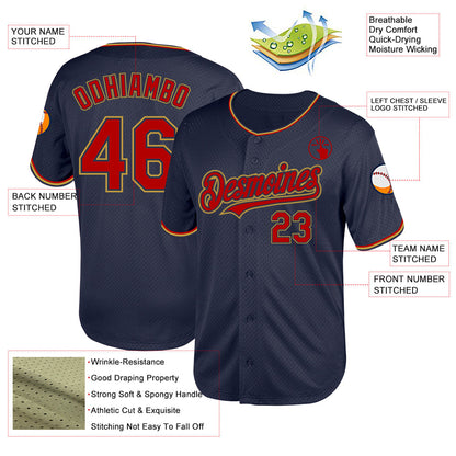 Custom Navy Red-Old Gold Mesh Authentic Throwback Baseball Jersey - Sky-Custom