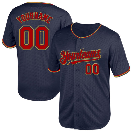Custom Navy Red-Old Gold Mesh Authentic Throwback Baseball Jersey - Sky-Custom