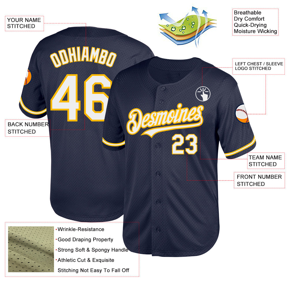 Custom Navy White-Gold Mesh Authentic Throwback Baseball Jersey - Sky-Custom