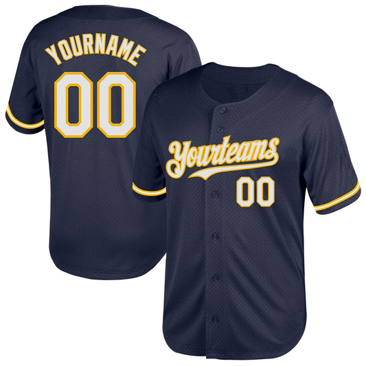 Custom Navy White-Gold Mesh Authentic Throwback Baseball Jersey - Sky-Custom