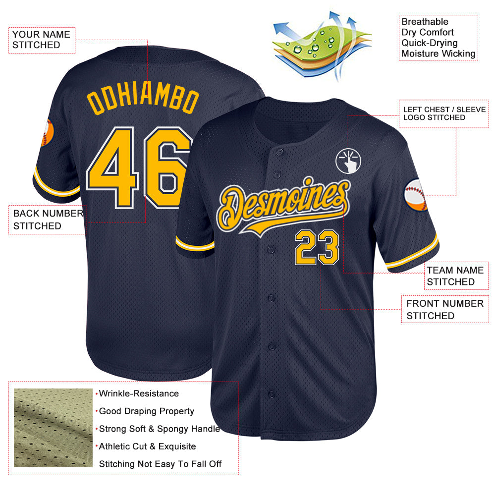 Custom Navy Gold-White Mesh Authentic Throwback Baseball Jersey - Sky-Custom