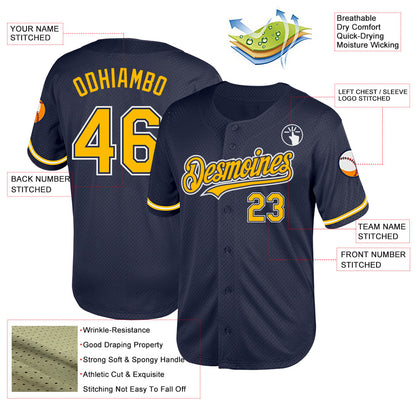Custom Navy Gold-White Mesh Authentic Throwback Baseball Jersey - Sky-Custom