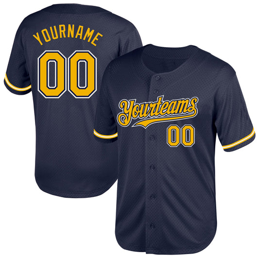 Custom Navy Gold-White Mesh Authentic Throwback Baseball Jersey - Sky-Custom