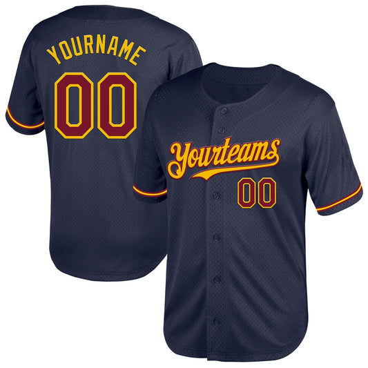 Custom Navy Crimson-Yellow Mesh Authentic Throwback Baseball Jersey - Sky-Custom