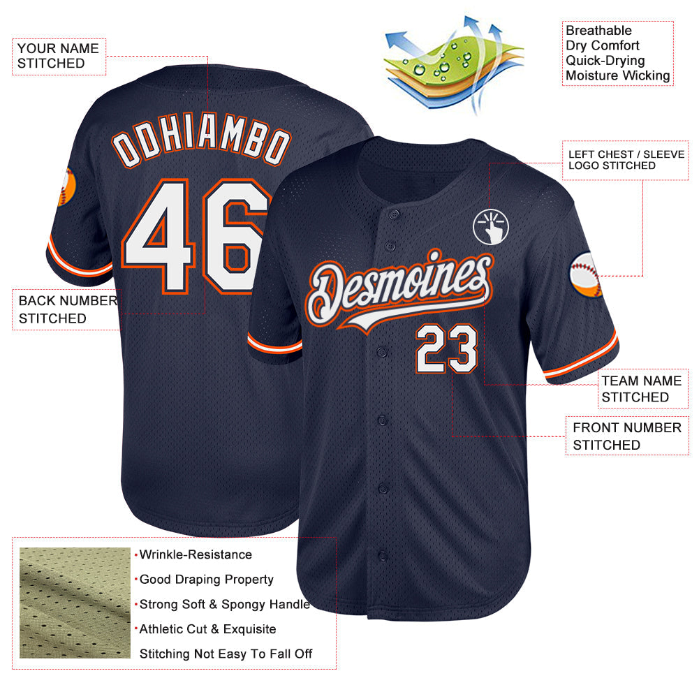 Custom Navy White-Orange Mesh Authentic Throwback Baseball Jersey - Sky-Custom