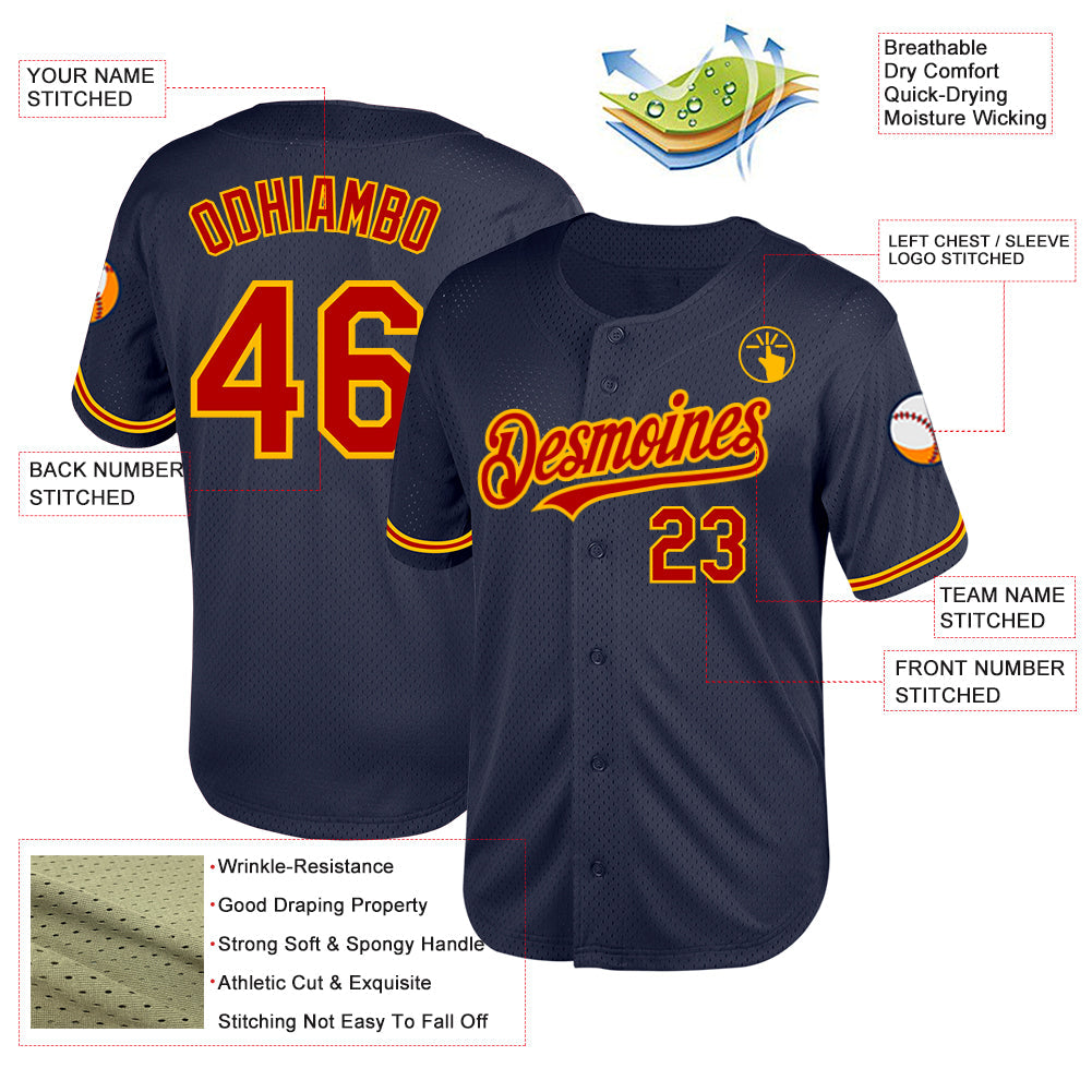 Custom Navy Red-Gold Mesh Authentic Throwback Baseball Jersey - Sky-Custom