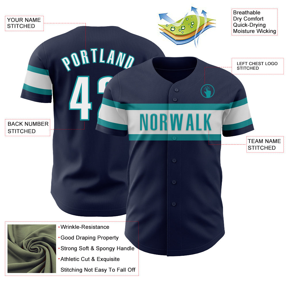 Custom Navy White-Teal Authentic Baseball Jersey - Sky-Custom
