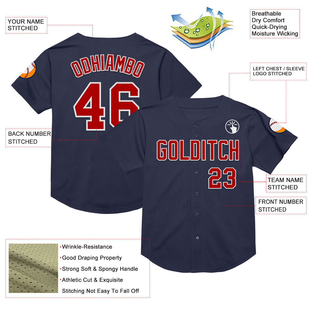 Custom Navy Red-White Mesh Authentic Throwback Baseball Jersey - Sky-Custom