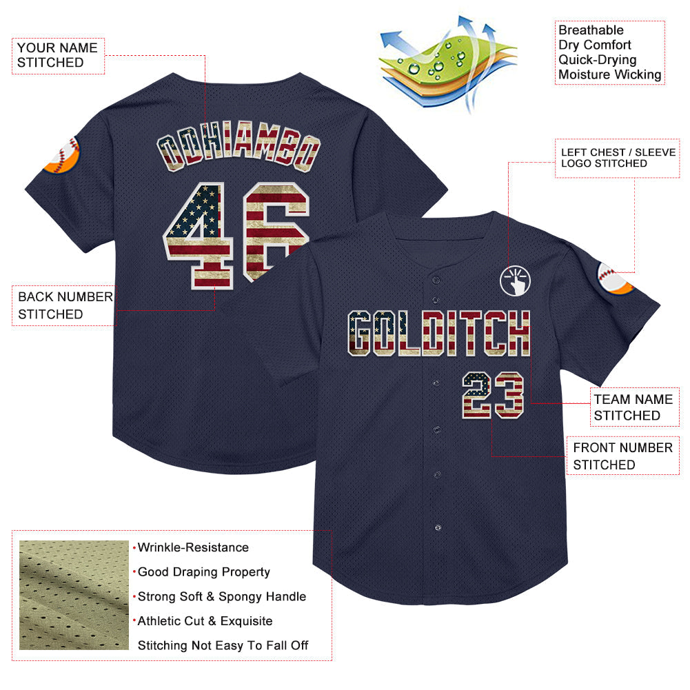 Custom Navy Vintage USA Flag-White Mesh Authentic Throwback Baseball Jersey - Sky-Custom