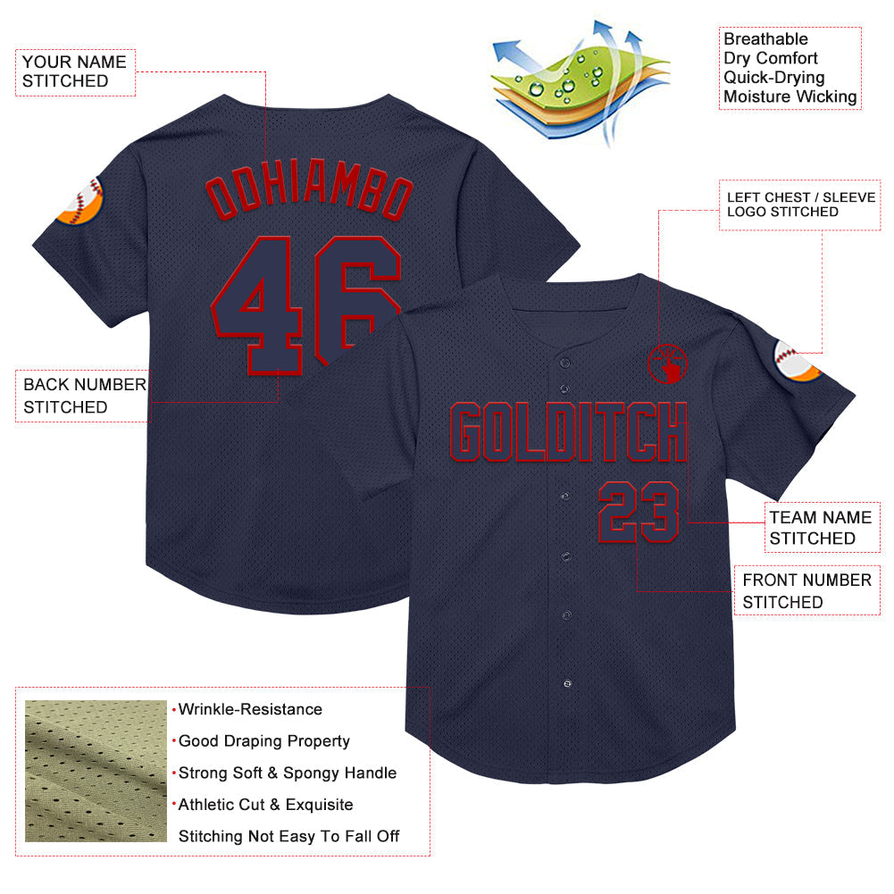 Custom Navy Red Mesh Authentic Throwback Baseball Jersey - Sky-Custom