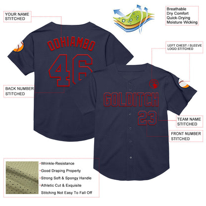 Custom Navy Red Mesh Authentic Throwback Baseball Jersey - Sky-Custom