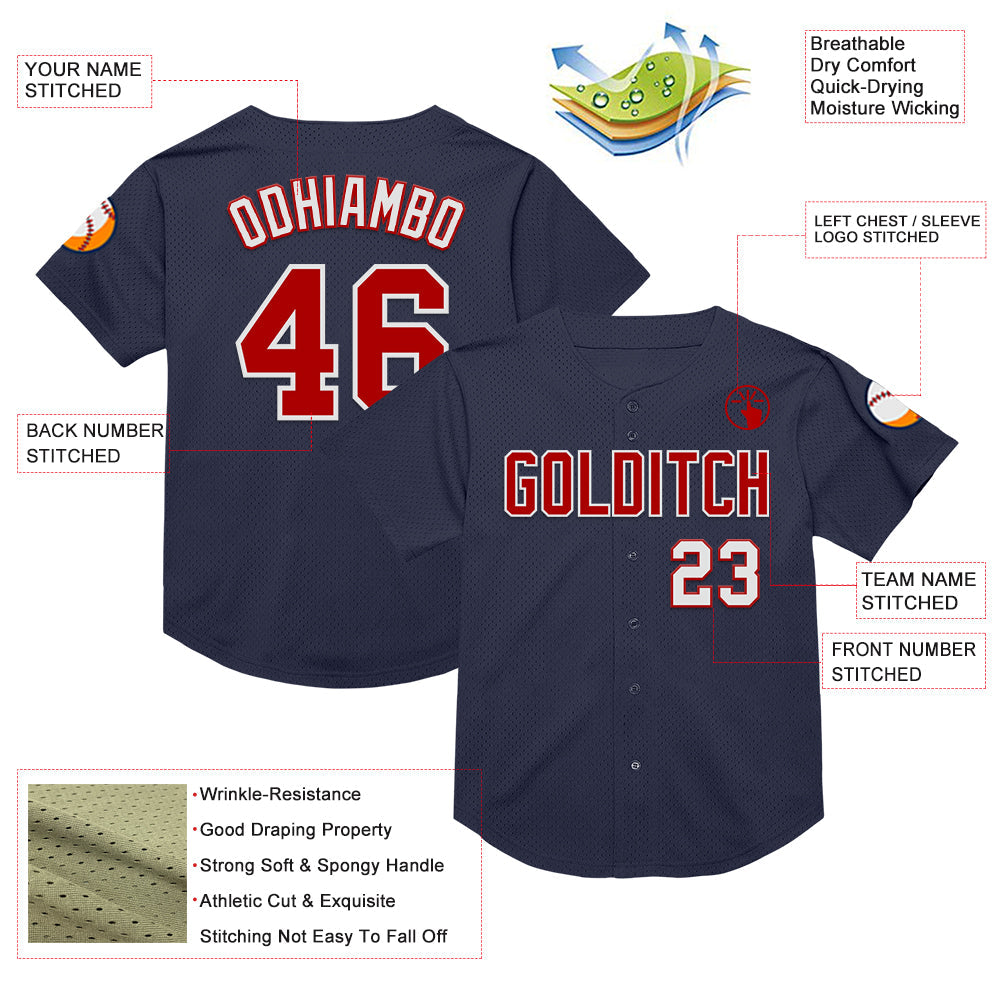 Custom Navy Red-White Mesh Authentic Throwback Baseball Jersey - Sky-Custom