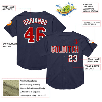 Custom Navy Red-White Mesh Authentic Throwback Baseball Jersey - Sky-Custom