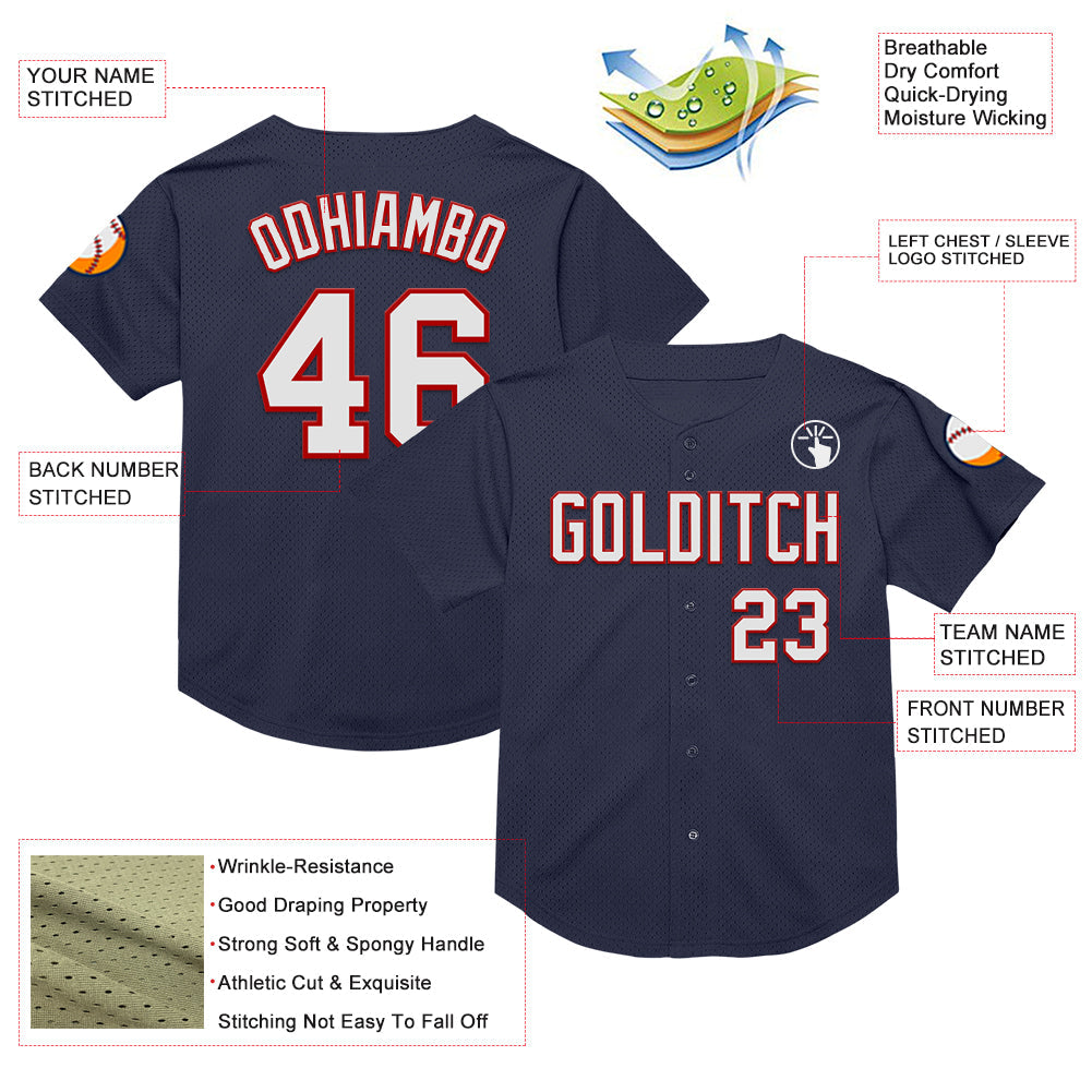 Custom Navy White-Red Mesh Authentic Throwback Baseball Jersey - Sky-Custom