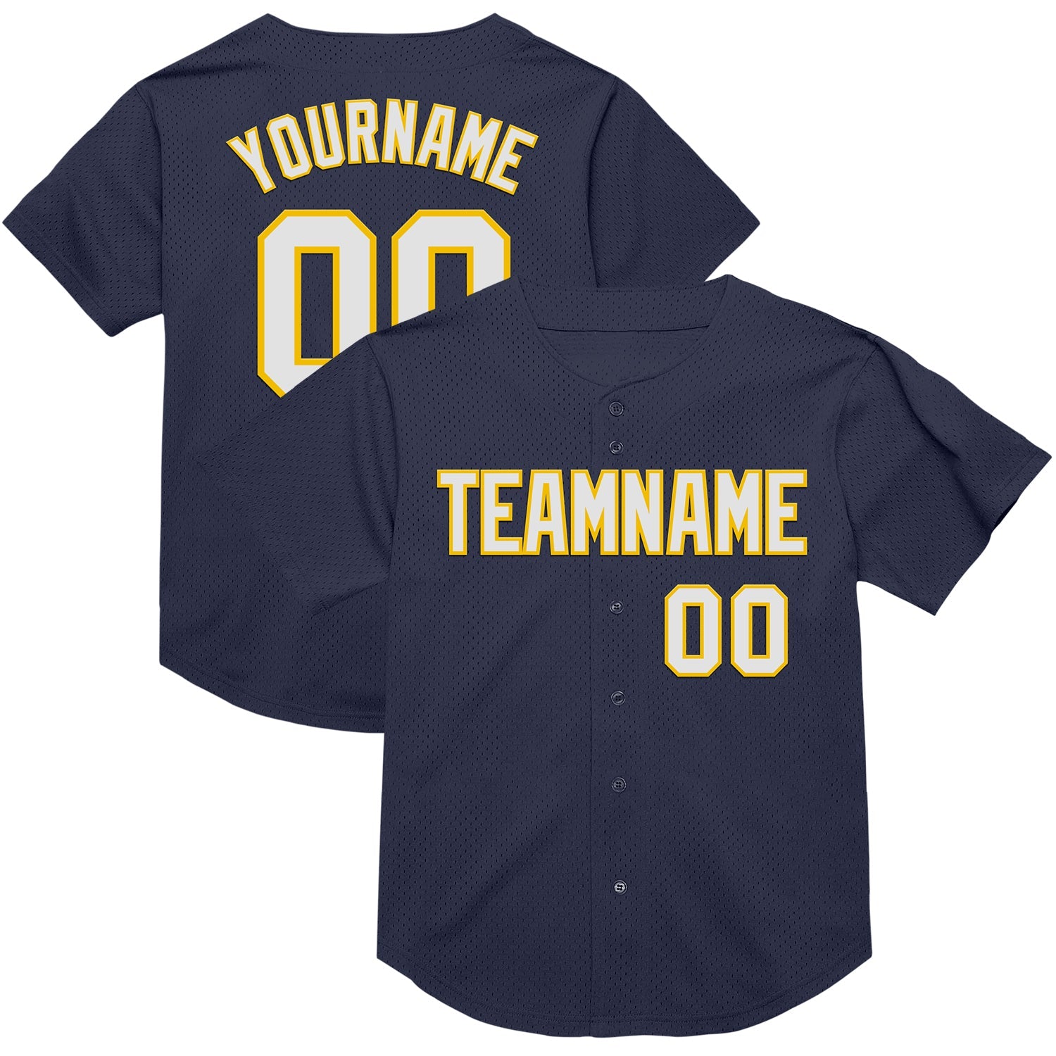 Custom Navy White-Yellow Mesh Authentic Throwback Baseball Jersey - Sky-Custom