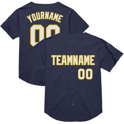Custom Navy White-Yellow Mesh Authentic Throwback Baseball Jersey - Sky-Custom