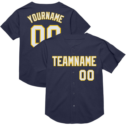 Custom Navy White-Yellow Mesh Authentic Throwback Baseball Jersey - Sky-Custom