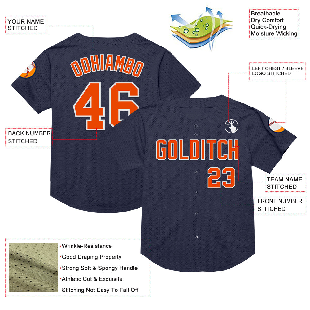 Custom Navy Orange-White Mesh Authentic Throwback Baseball Jersey - Sky-Custom